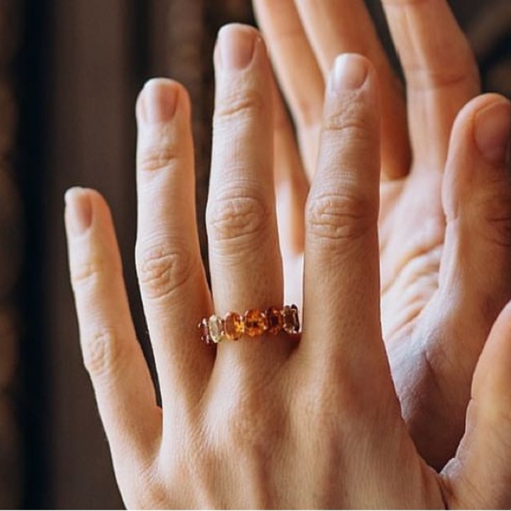 Elegant Gold and Sapphire Mandarine garnet and Citrine half eternity Ring